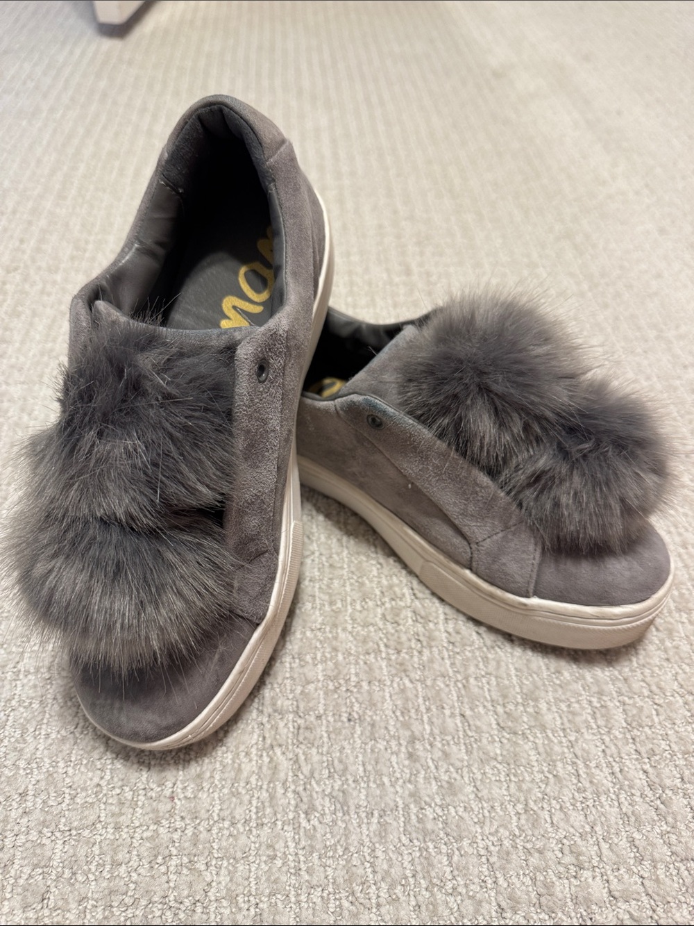 Sam Edelman Vintage Gray Faux Fur Pom Slip-On Plaform Sneakers